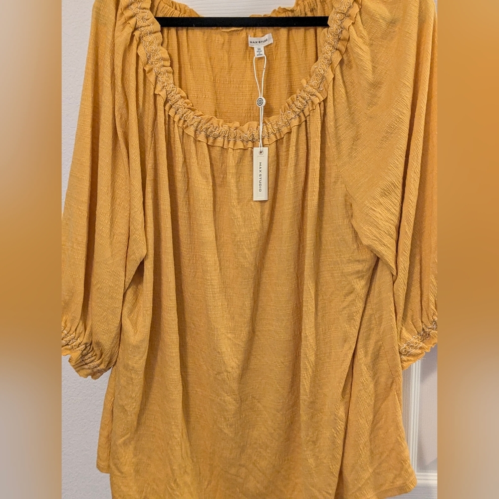 Max Studio 3X Mustard Boho Peasant Blouse Ruffle Neck Gauze Cottagecore Curvy - Picture 5 of 11
